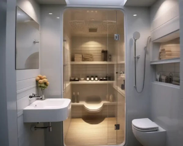 A combined bathroom, lavatory and shower