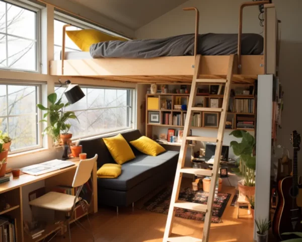 A loft bed in a 200 sq ft small house