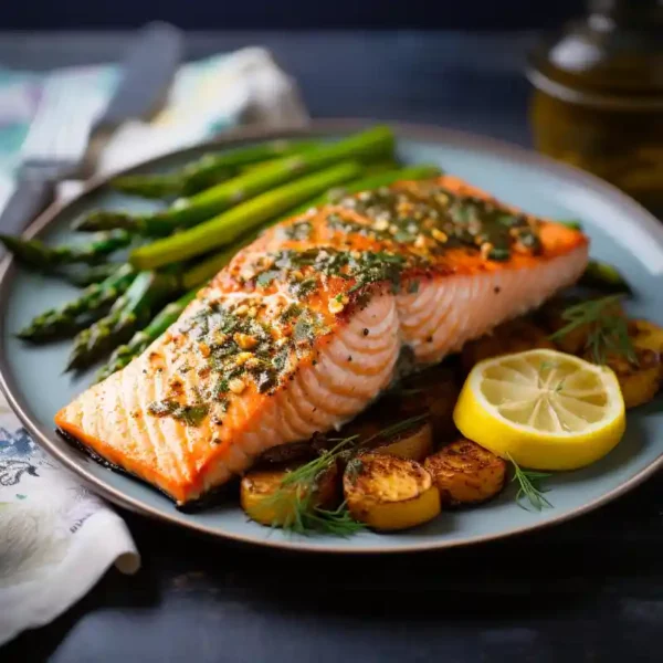 Baked Salmon with Asparagus and Sweet Potatoes recipe