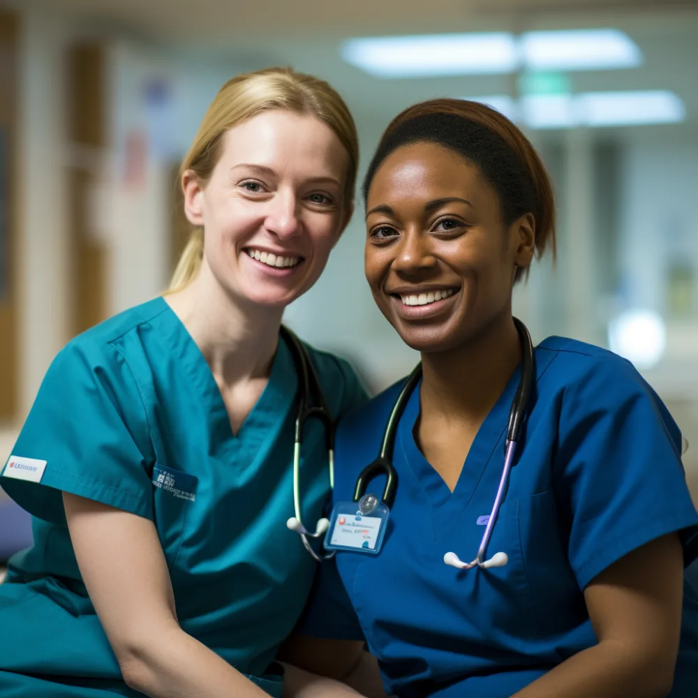 2 woman nurse smiling at each other