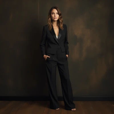 A woman in Black Tuxedo-Inspired Trouser Suit