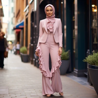 A woman in Blush Pink Trouser Suit with Ruffled Blouse