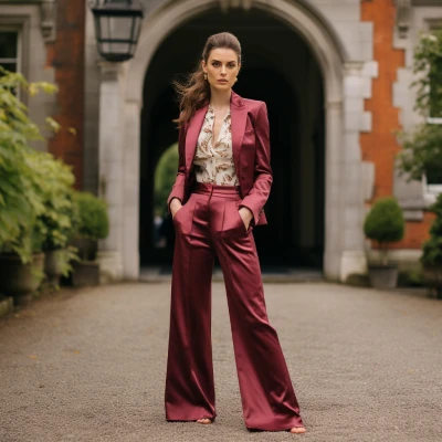 A woman in Burgundy Trouser Suit with Wide Leg Pants