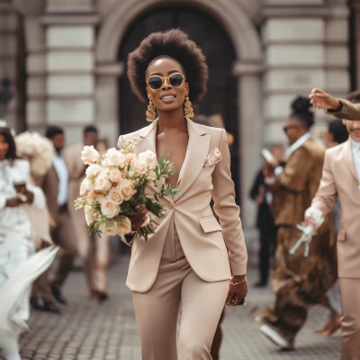 A woman in Champagne Coloured Trouser Suit