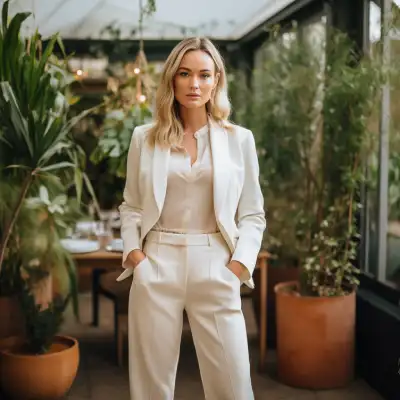 A woman in Classic White Trouser Suit