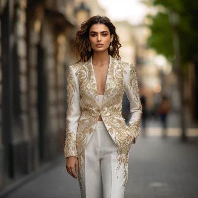 A woman in Ivory and Gold Embellished Trouser Suit
