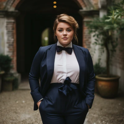 A woman in Navy Blue Trouser Suit with a Bow Tie