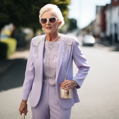 A woman in Pale Lilac Trouser Suit with Beaded Embellishments