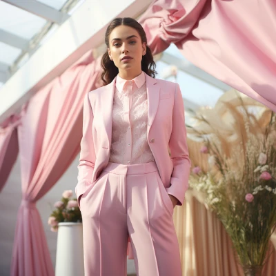 A woman in pastel Pink Trousers Suit