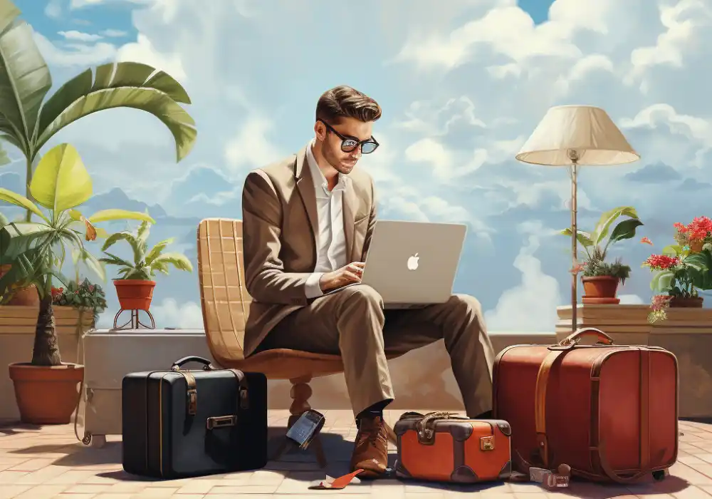 A man doing a business case for travel on laptop