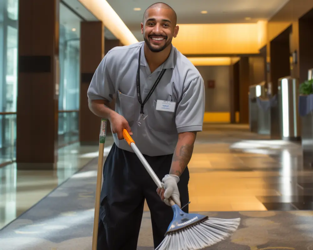 A smiling cleaner cleaning a hotel