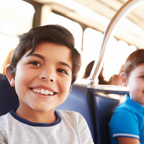 A smiling kid sitting in a public transport