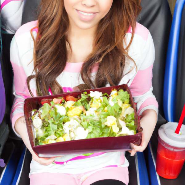 A woman holding a box of salad