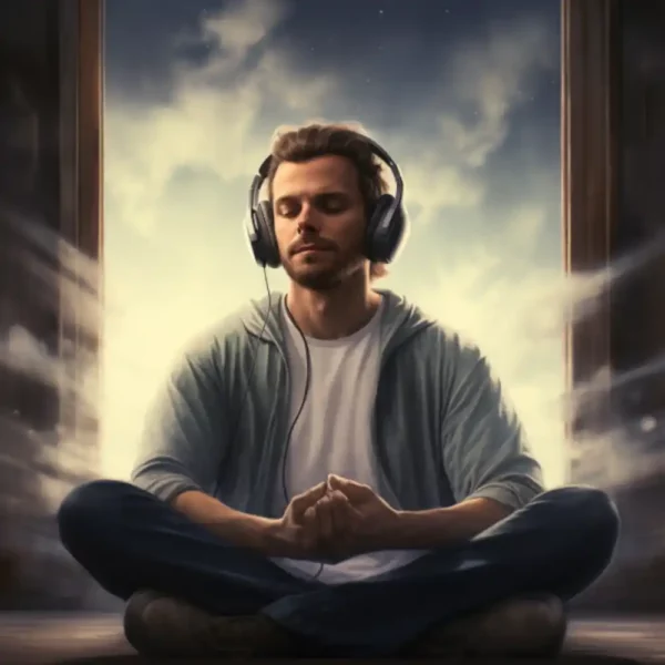 A man wearing a headphone is meditating