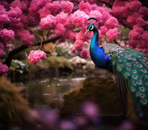 A peacock in Kyoto Garden London pond