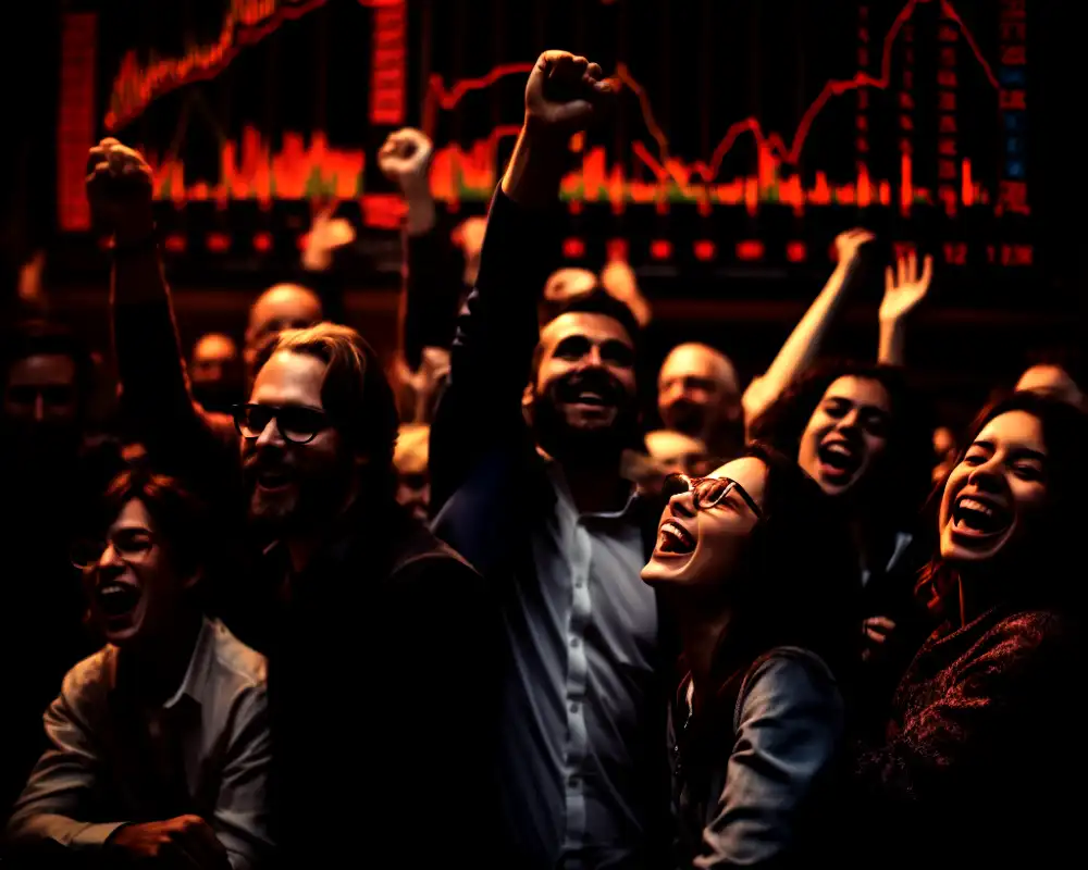 A group of people happy for the stock raise