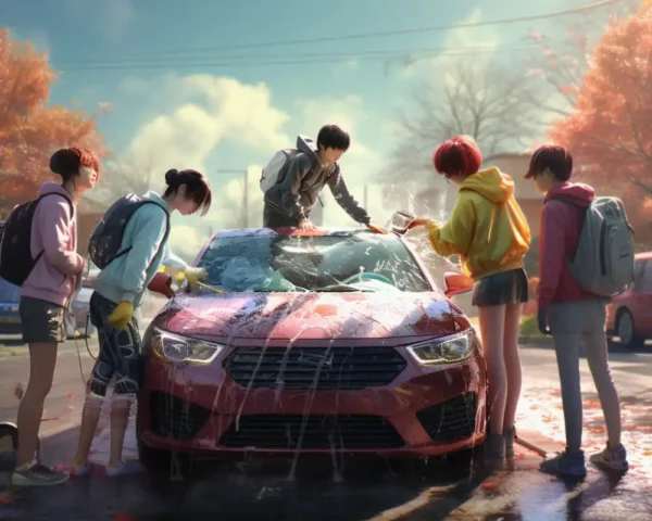 A group of teen washing a car