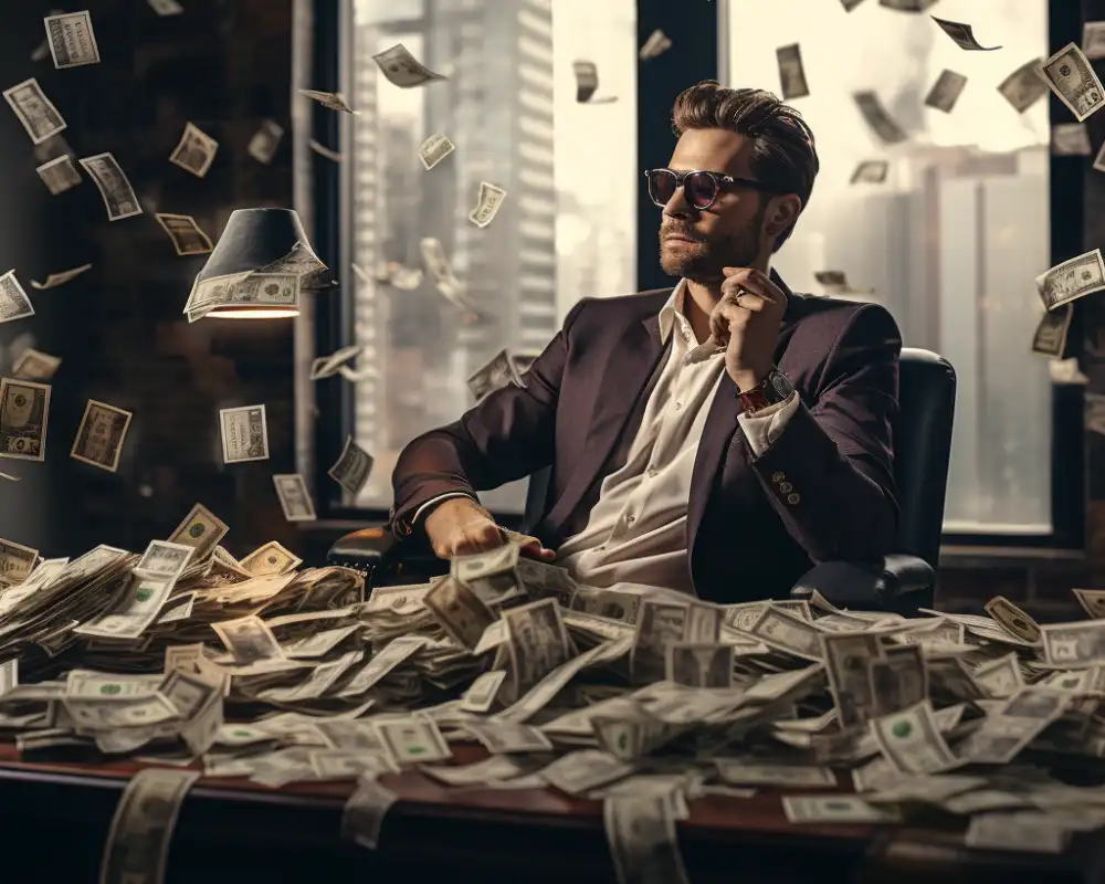 A man sitting at an office desk filled with money.