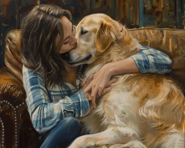 A female dog owner loving her dog