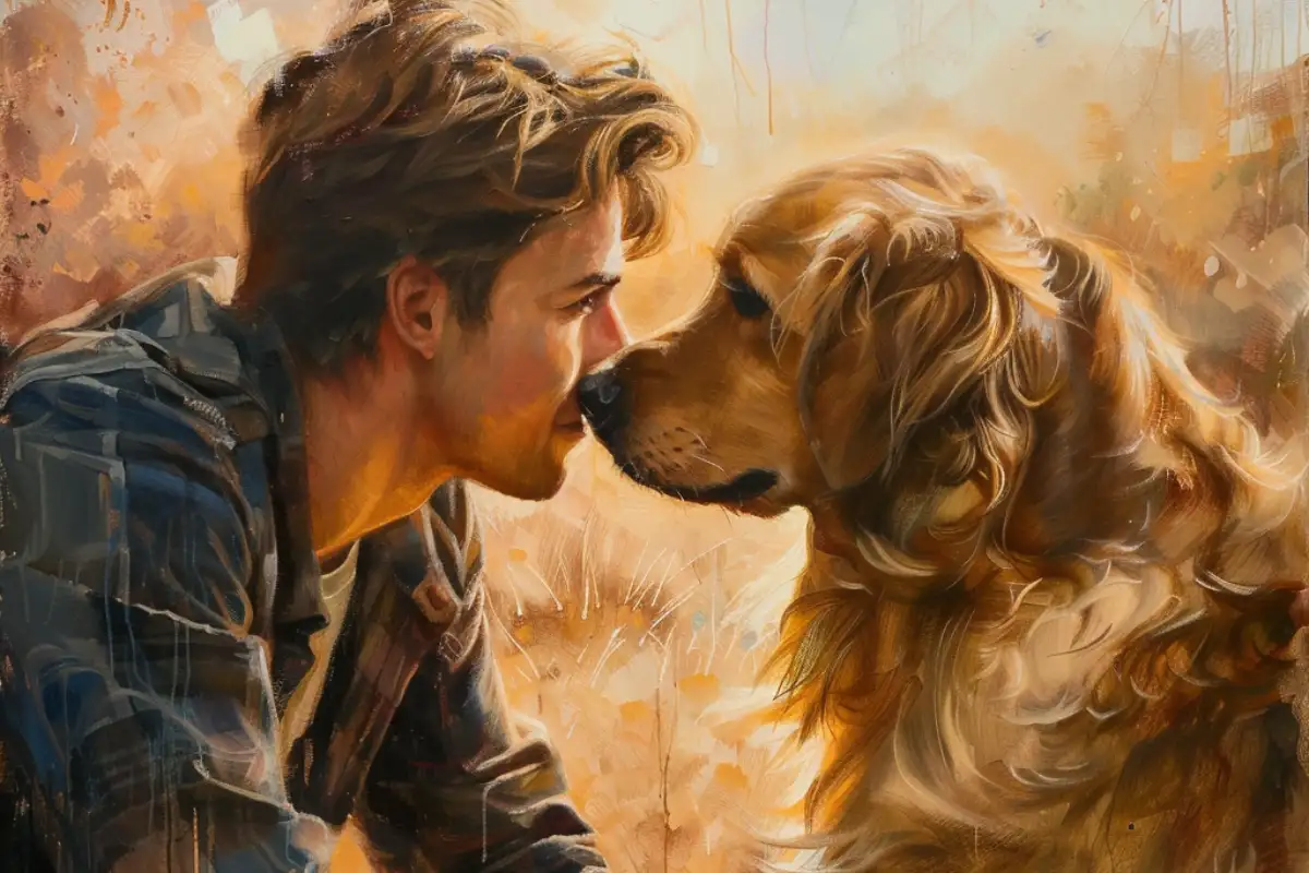 A male dog owner loving his dog